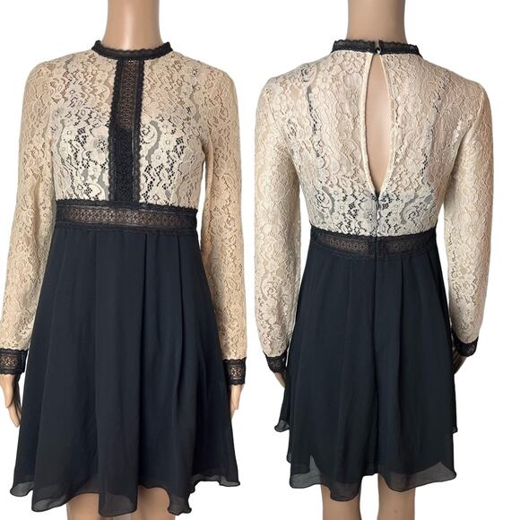 Little Mistress All Over Lace Top Long Sleeve Chiffon Semi Sheer Dress - Picture 1 of 12